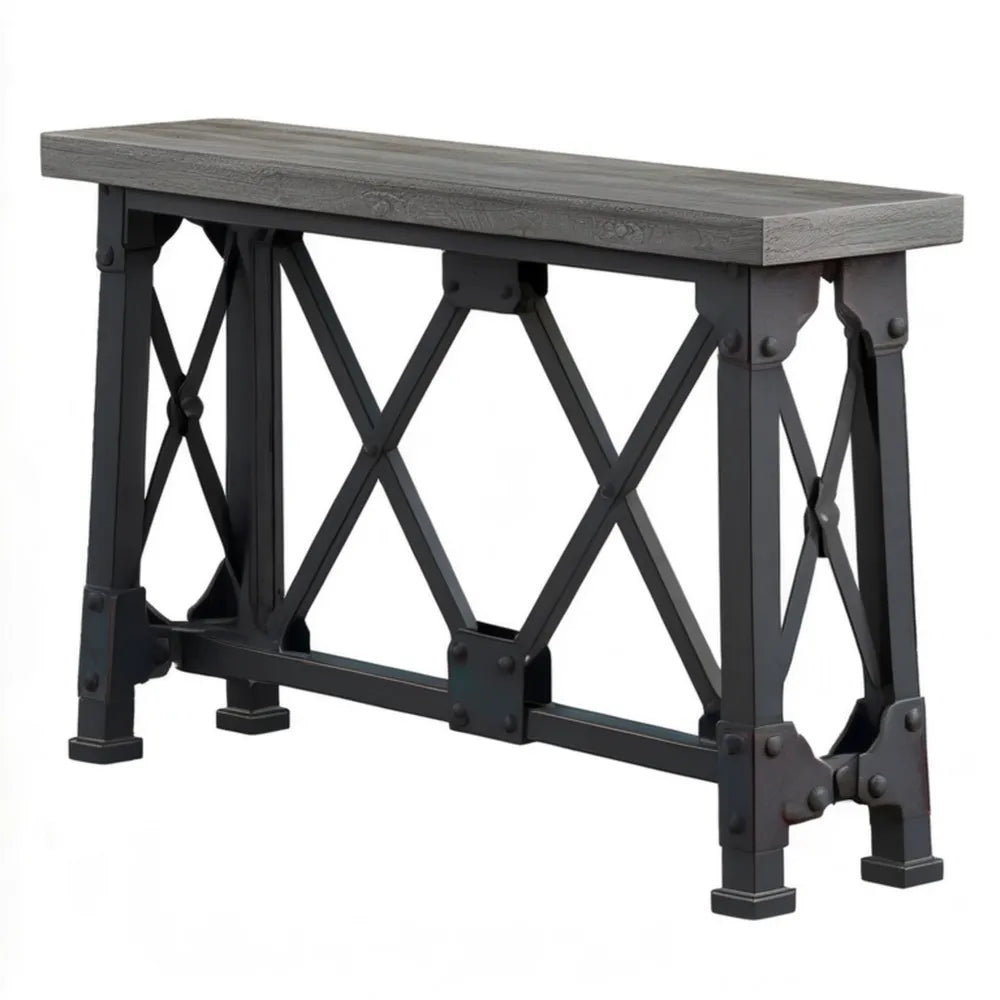 Konsola industrialna z blatem MDF w dekorze szarego dębu, czarna podstawa stalowa, 120 x 40 x 75 cm