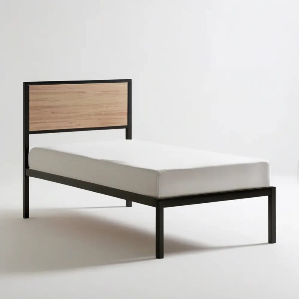 Łóżko jednoosobowe ze stalową ramą i zagłówkiem MDF, czarne/dąb naturalny, 90 x 200 cm