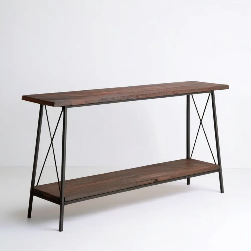 Konsola z litego drewna akacjowego, ciemny orzech i czarna stal, 120 x 35 x 80 cm