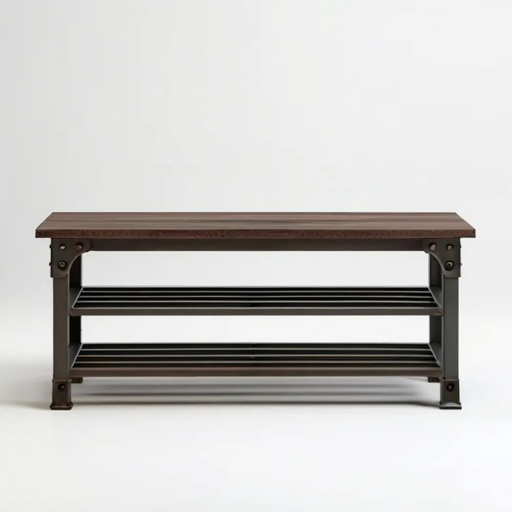 Ławka na buty industrialna z 2 półkami, ciemnobrązowo-czarna, 100 x 30 x 50 cm