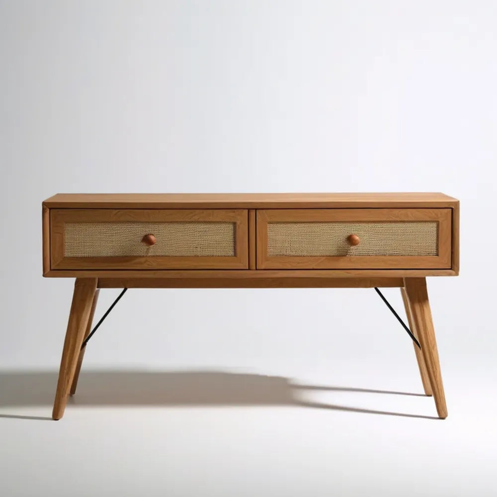 Konsola z litego drewna akacjowego i rattanu, brązowo-beżowa z czarnymi wspornikami, 120 × 40 × 75 cm, 2 szuflady