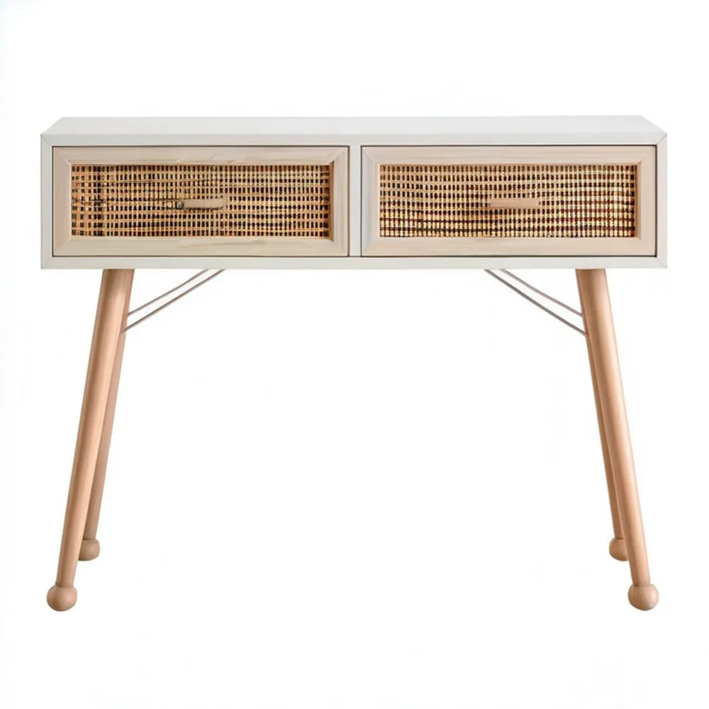 Konsola retro z 2 szufladami z rattanu, biała/naturalny beż/jasny brąz, 100 x 35 x 80 cm